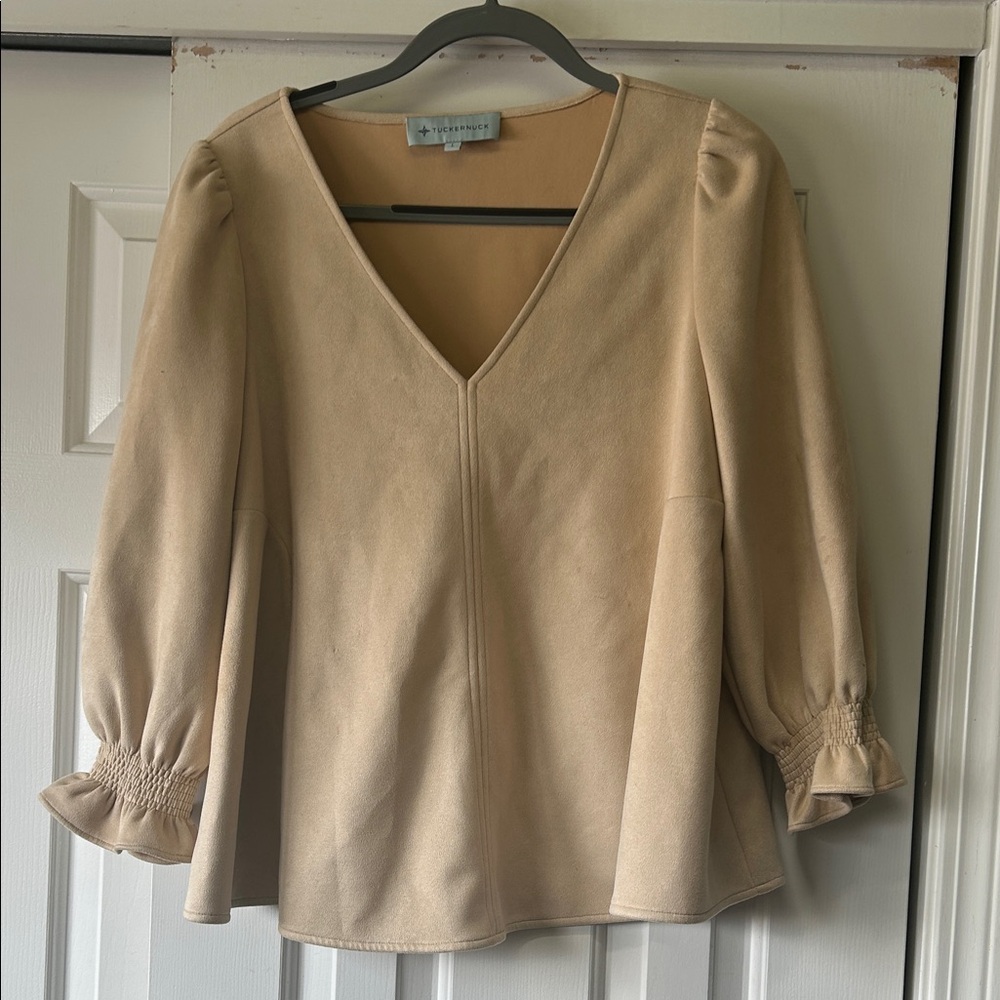 Tuckernuck Beige V-Neck Blouse with Puff Sleeves